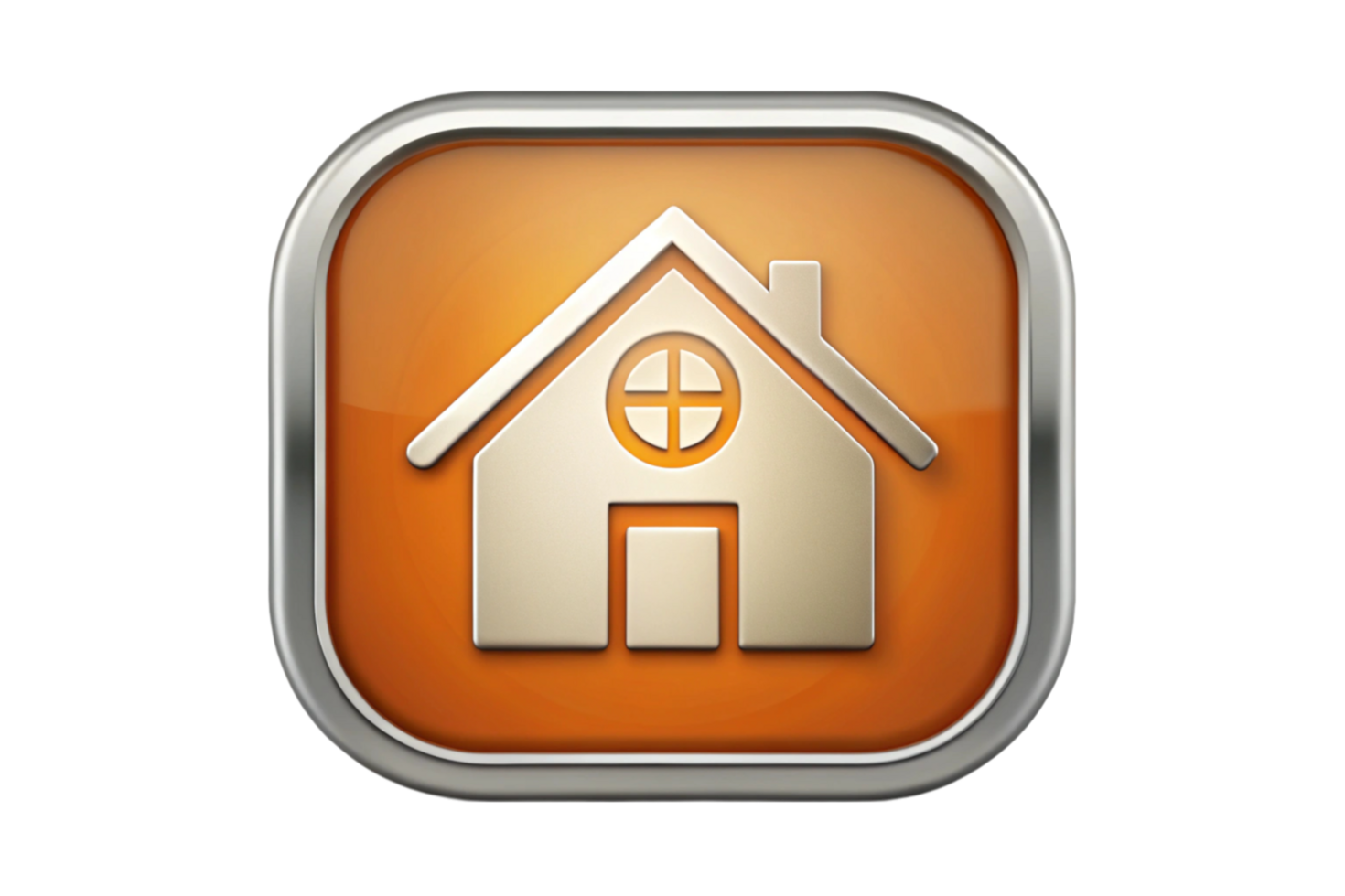 Orange house icon with round window in a sleek button style on white background png