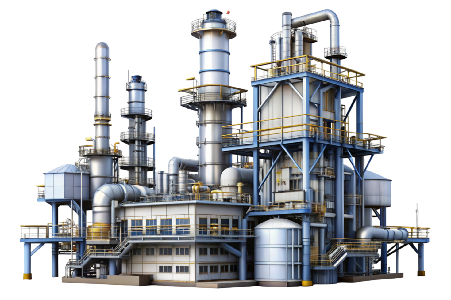 High tech manufacturing facility with multiple towers and pipe systems, isolated background png