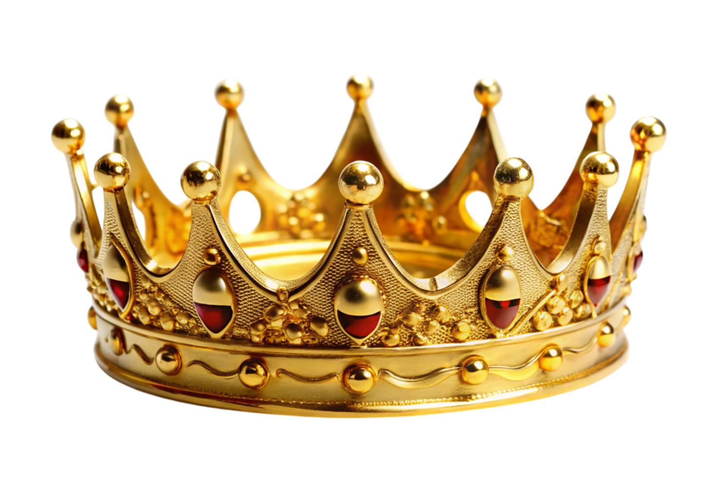 Luxurious regal crown in gold with ruby accents and fine craftsmanship isolated on a plain background png