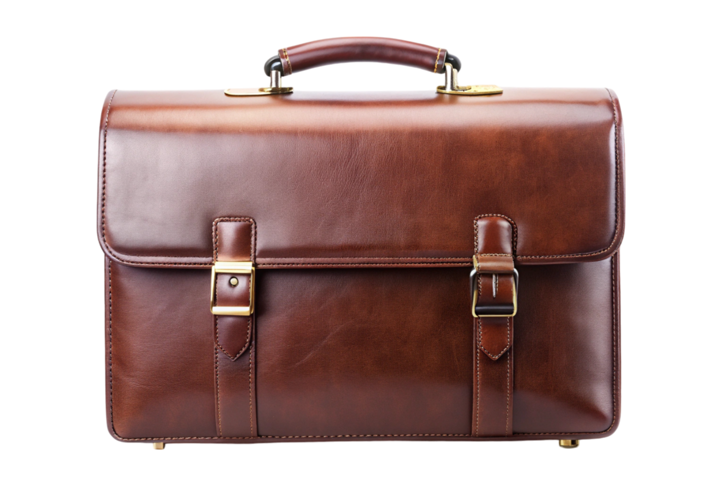 Classic brown leather briefcase with a sturdy handle and brass buckle for business and professional use png