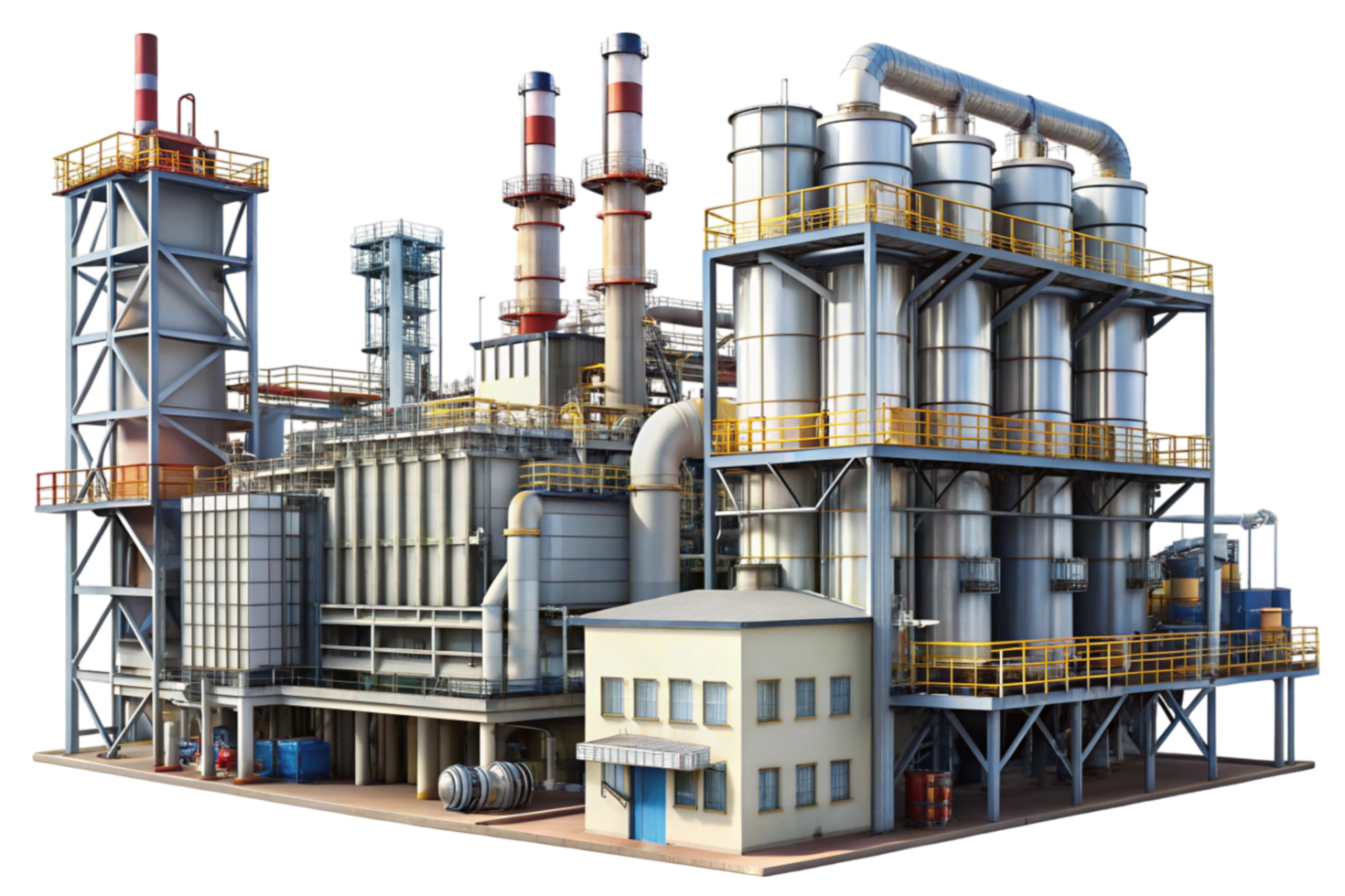 Detailed view of an industrial factory with processing units and chimneys on a plain white background png