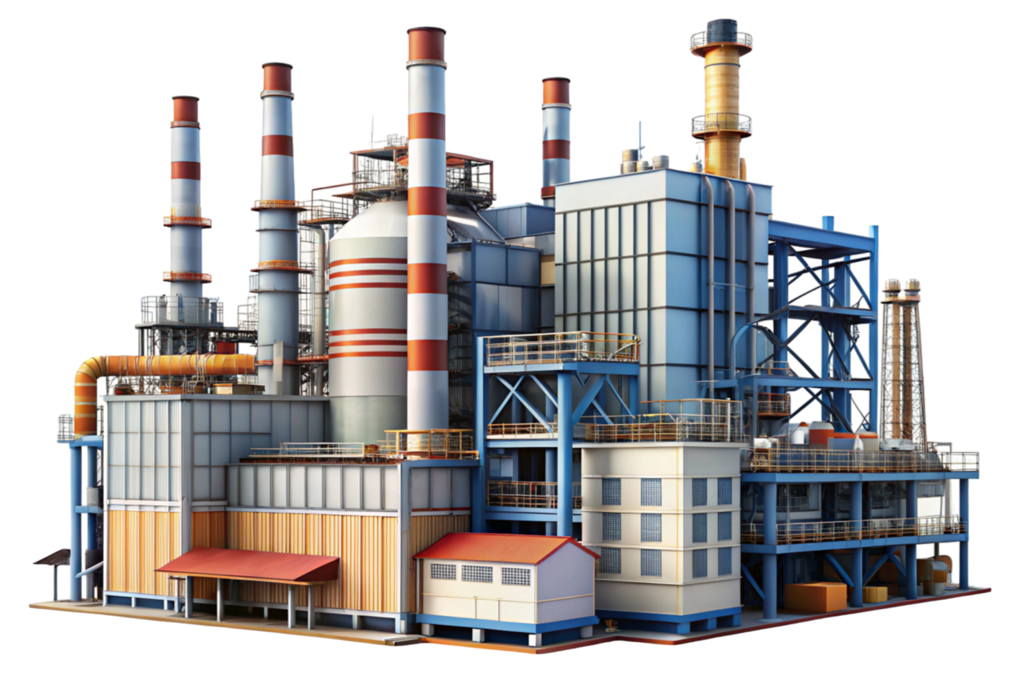 Industrial factory exterior with multiple chimneys and complex structures on a white background png