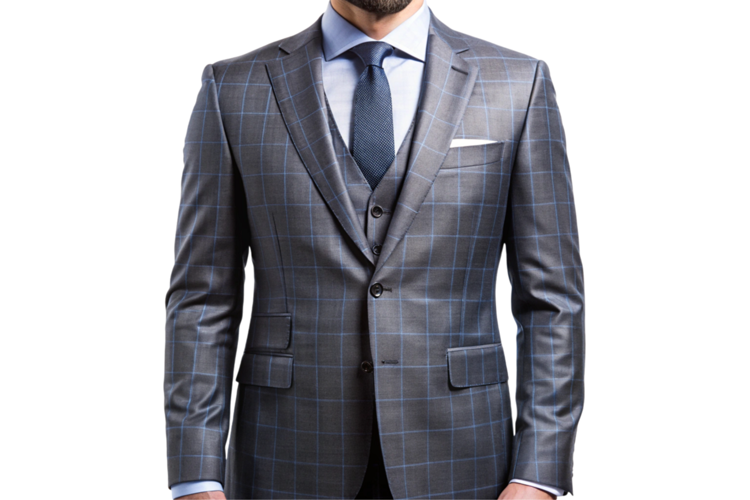Well fitted blue checkered suit with classic shirt and tie combination ideal for business and formal events png