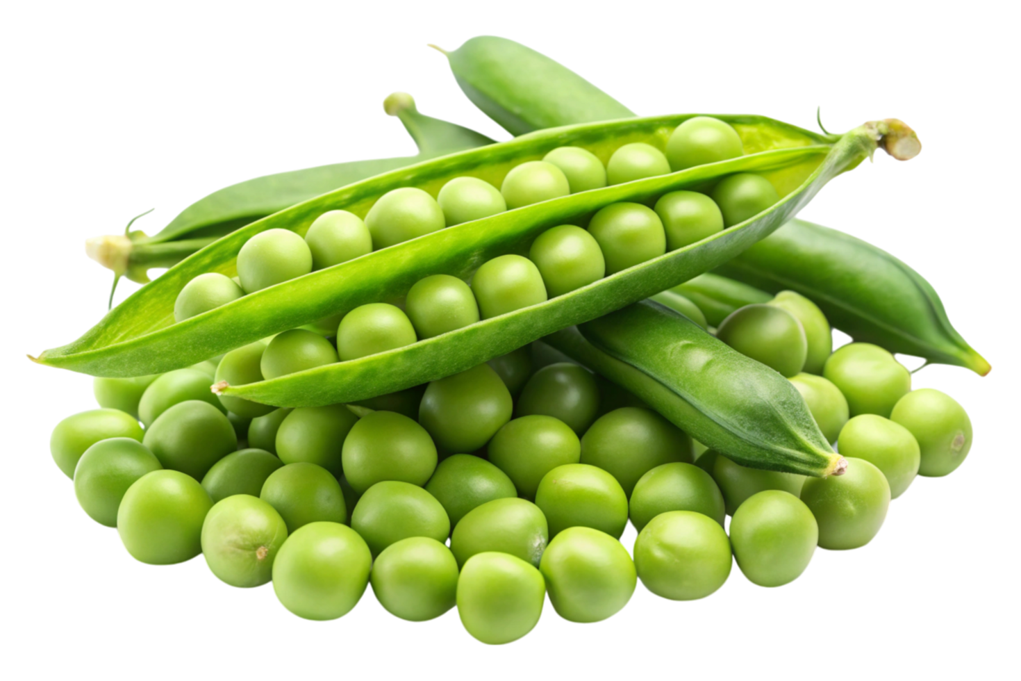 Fresh green peas with pods and leaves on a white background, showcasing healthy and natural produce png