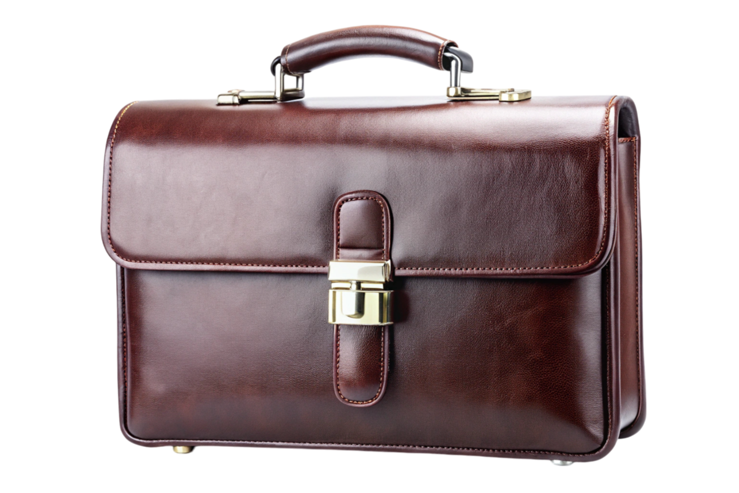 Elegant leather satchel in rich brown with gold hardware, perfect for office and formal settings png