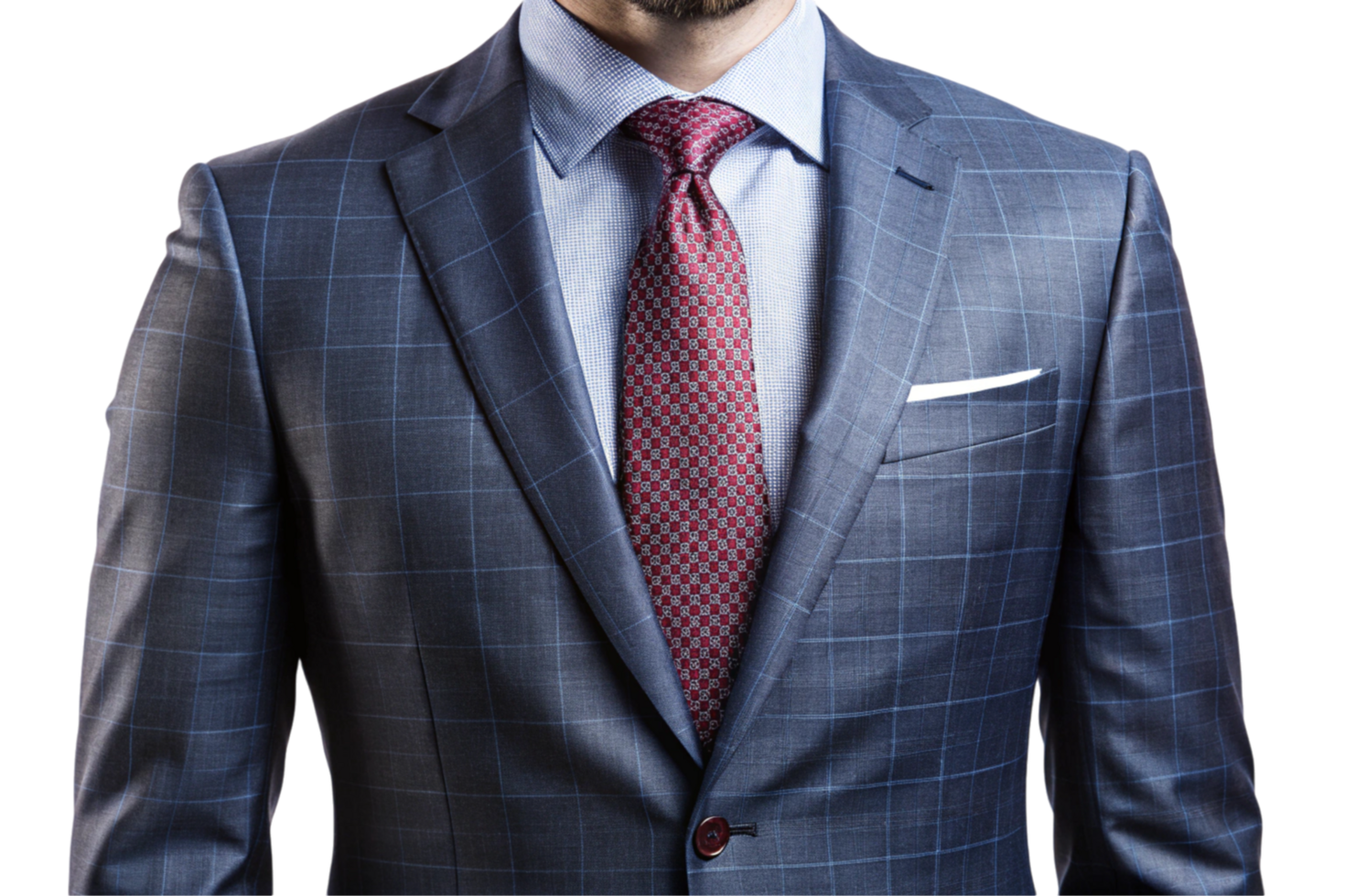 Business attire featuring a tailored blue suit with a check pattern and coordinated red tie on a white background png