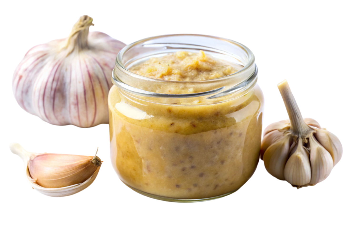 Freshly made garlic paste in a glass jar with whole and peeled garlic cloves on a white background png