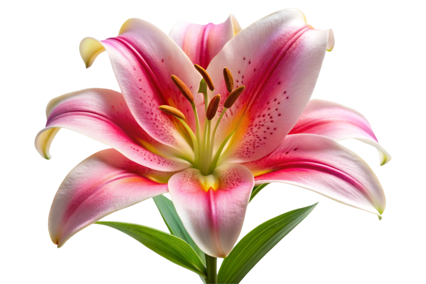 vibrant pink lily flower with intricate details and green leaves on a white background png