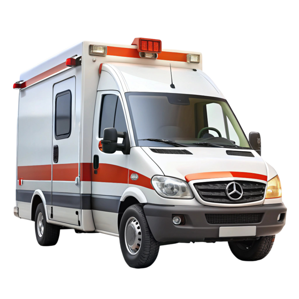 Emergency medical service ambulance van with siren lights, shown on a clean Transparent Background png