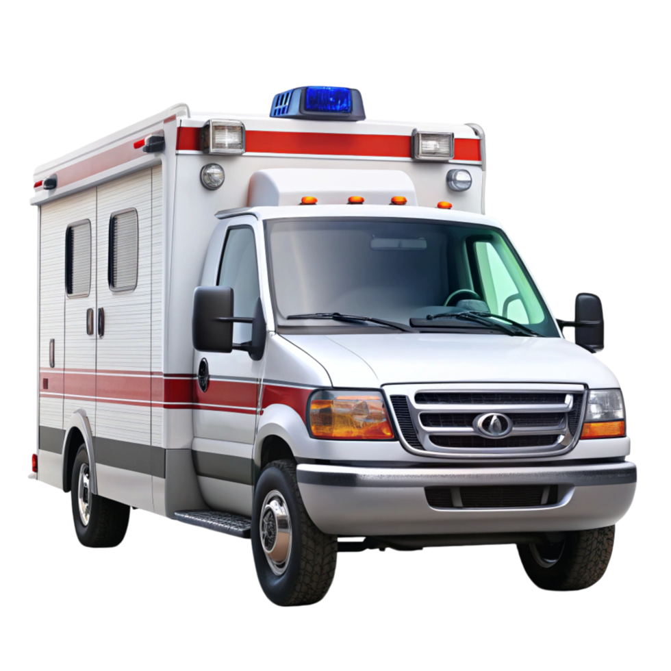 Emergency rescue ambulance van with blue sirens and red stripe, perfect for urgent medical transport png