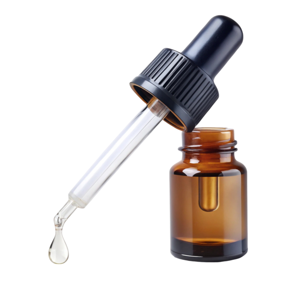 Amber glass dropper bottle with pipette, showing a droplet, ideal for essential oils, serums, and medical liquids png