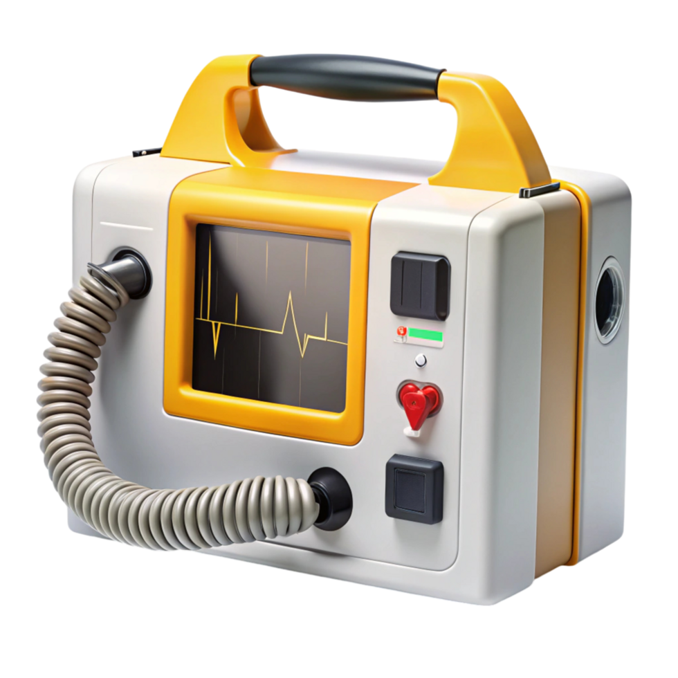 Compact defibrillator unit with ECG display, ideal for emergency medical use, isolated on white png