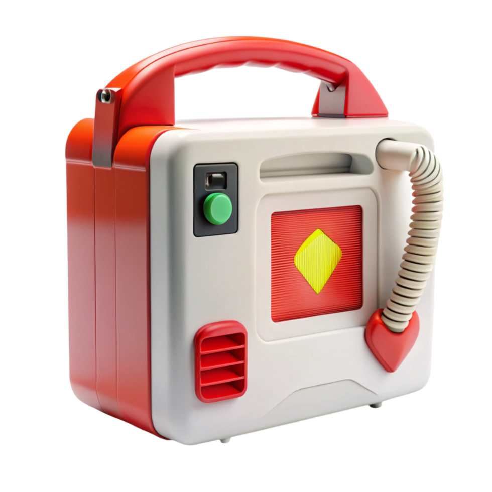 Portable defibrillator device with monitor screen showing heart rhythm, isolated on a Transparent Background png