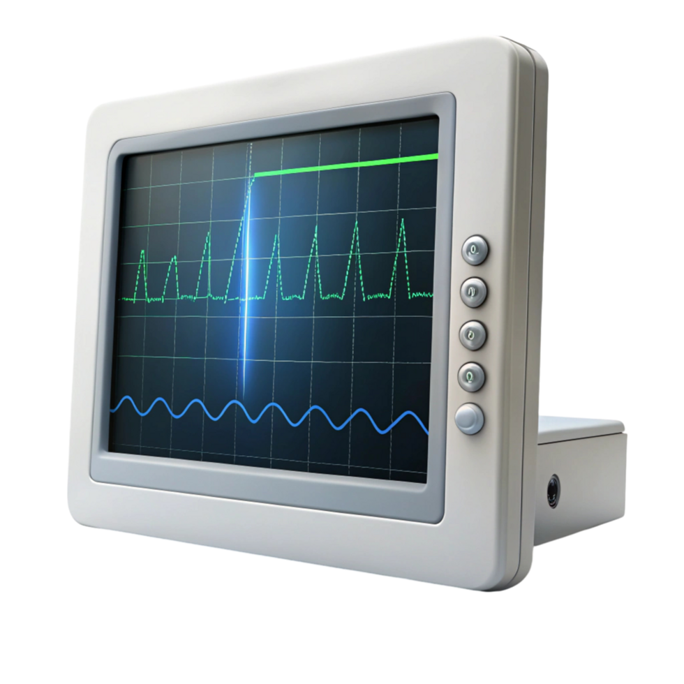 Close up view of a vital signs monitor with ECG waveform, representing heart monitoring and patient care equipment png