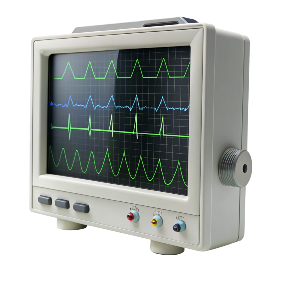 Medical ECG monitor screen displaying heart rate and vital signs, isolated on Transparent Background for healthcare purposes png