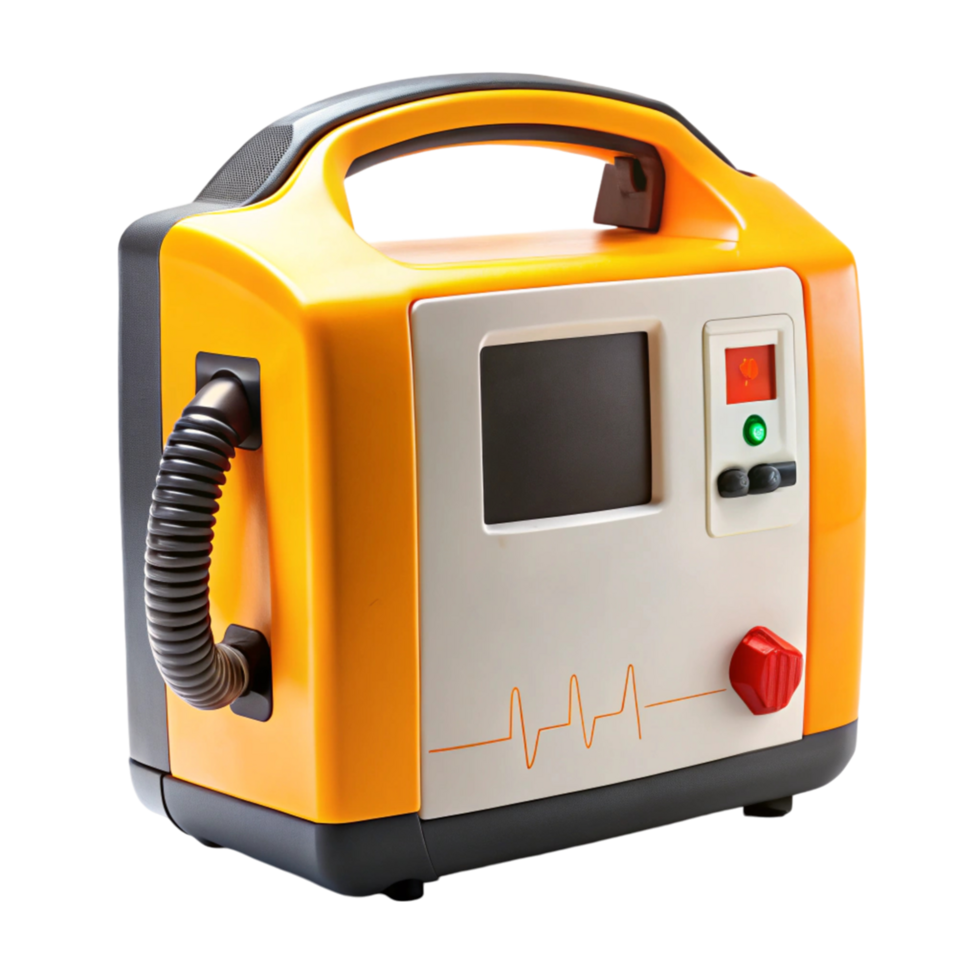 Emergency medical defibrillator machine for cardiac arrest treatment, displayed on a Transparent Background png