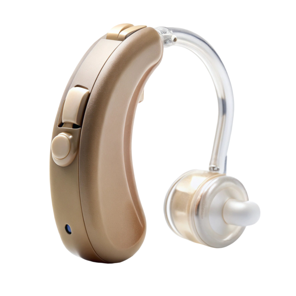 Modern hearing aid device, isolated on a clean Transparent Background, designed for enhanced hearing and comfort png