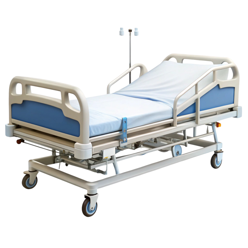 Adjustable hospital bed with mattress, isolated on a clean Transparent Background, for patient care and recovery png