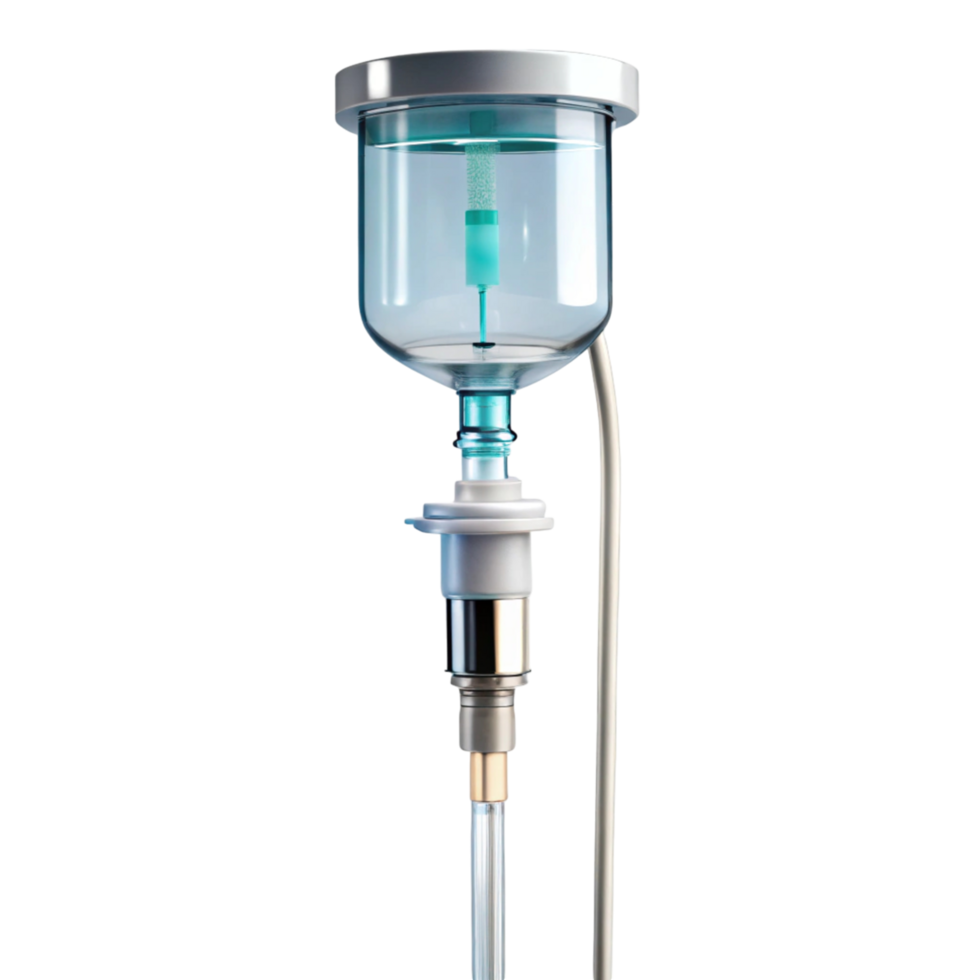 Medical IV drip infusion bottle with tube, isolated on a clean Transparent Background for healthcare use png