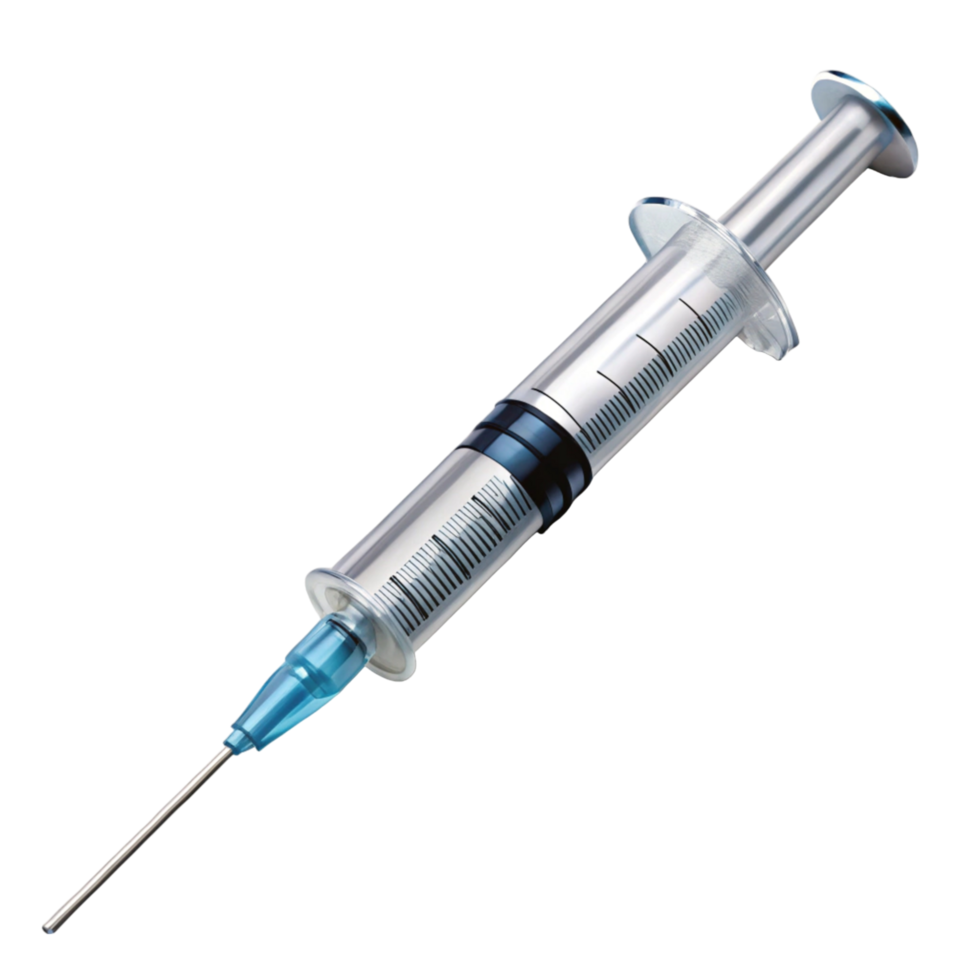 Sterile syringe with transparent barrel and sharp needle, symbolizing precision in medical treatments png