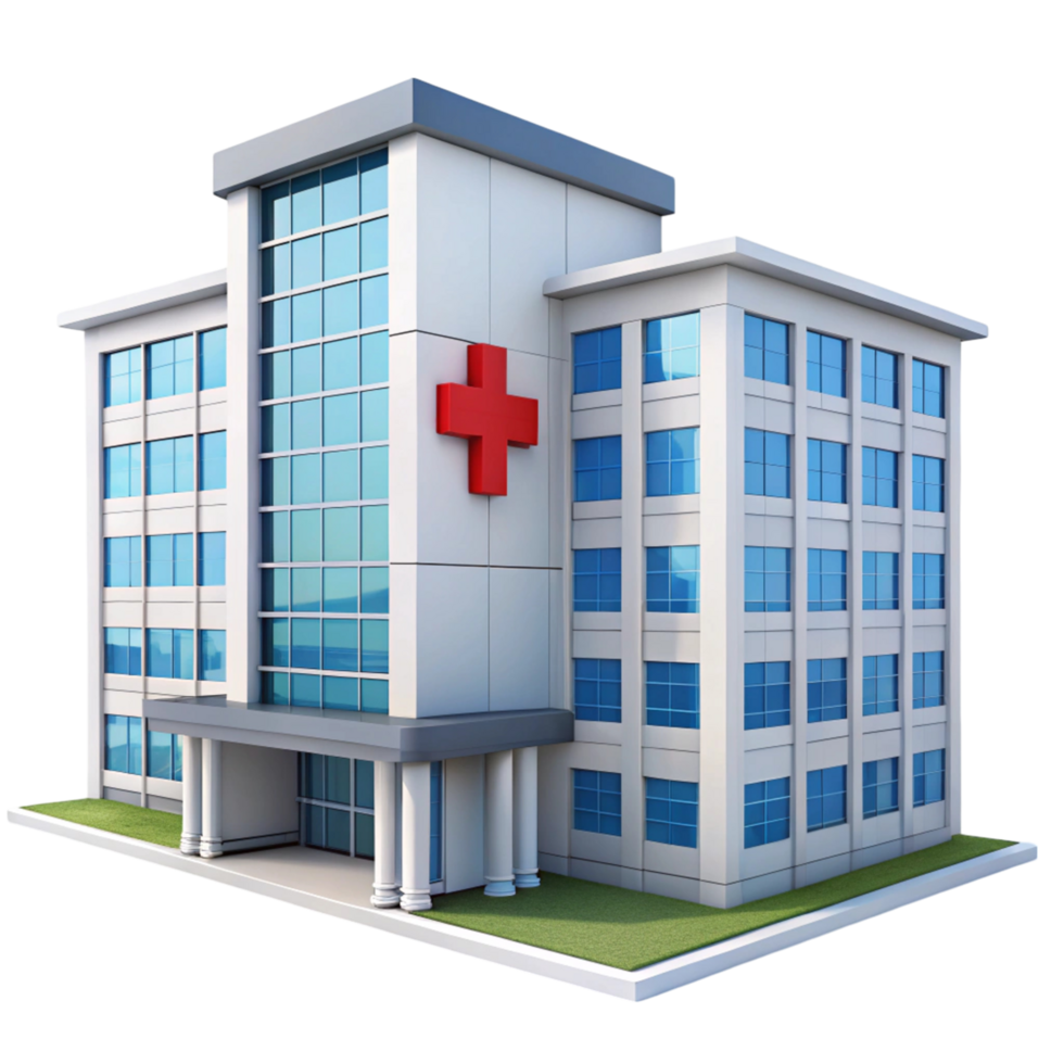 High quality image of a multi story medical facility, emphasizing healthcare services and emergency care png