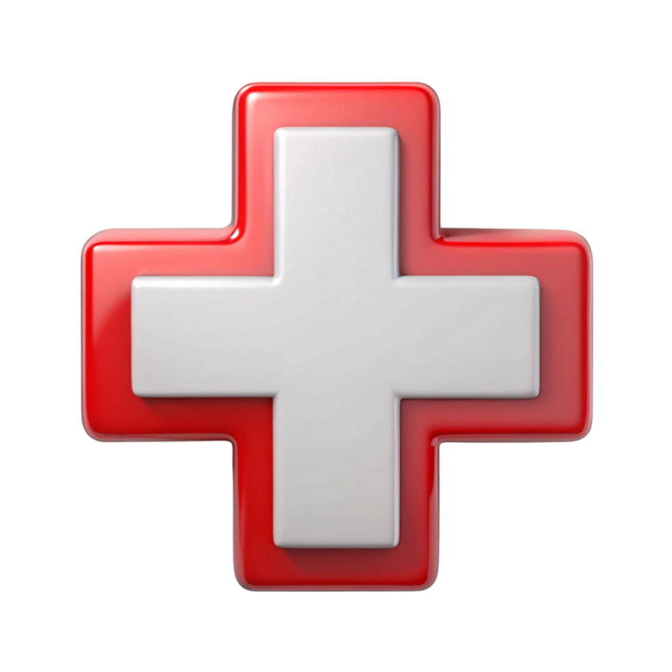 3D red medical cross symbol, isolated on a Transparent Background, representing healthcare and emergency aid png
