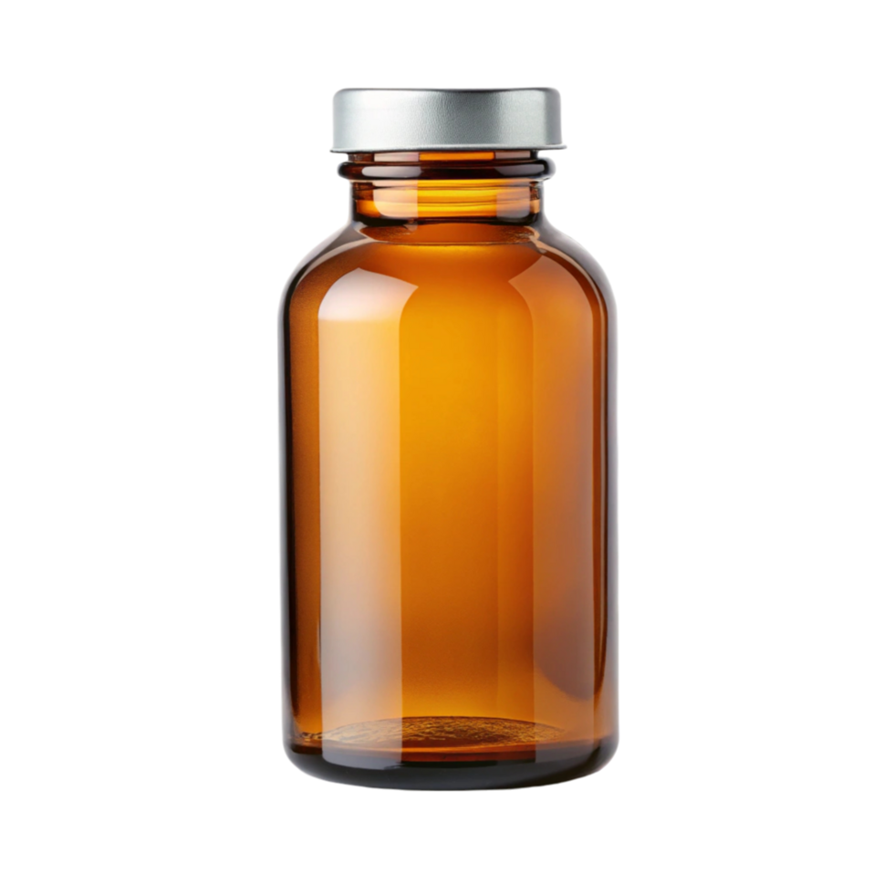 Amber glass medicine bottle with a secure silver cap, isolated on a clean Transparent Background png
