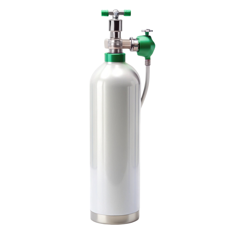 Medical oxygen tank with regulator and valve, isolated on a clean Transparent Background png