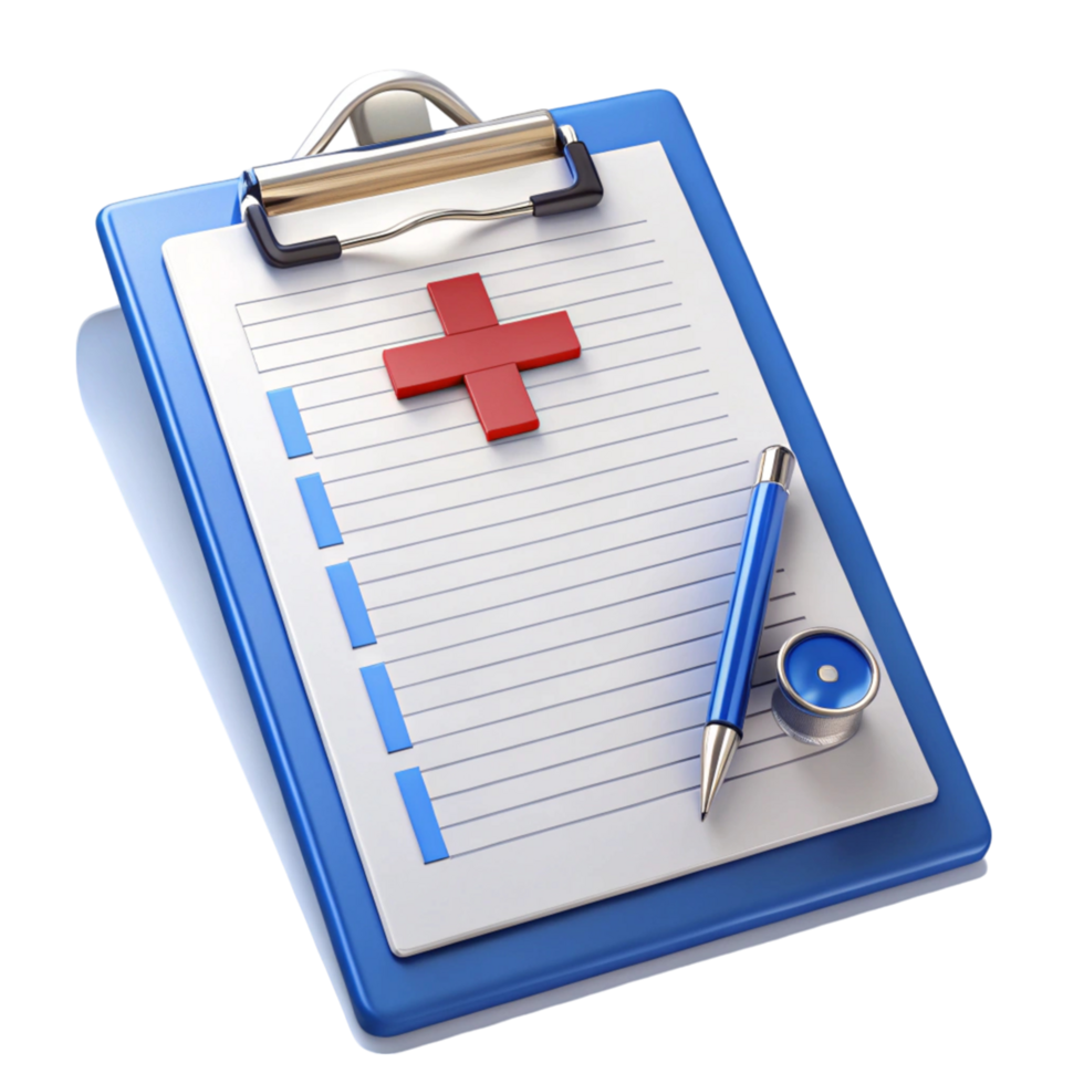 Medical clipboard with a red cross, pen, and lined paper, symbolizing healthcare documentation png
