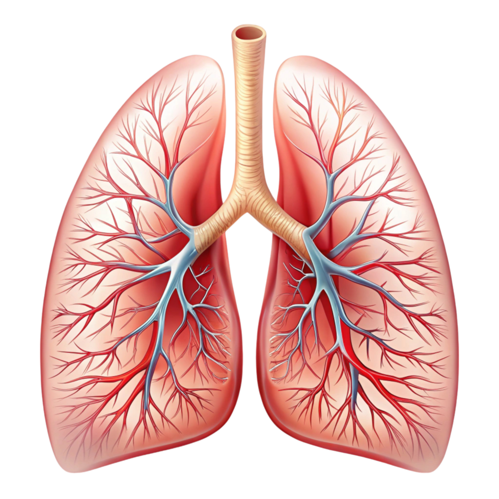 Medical illustration of lungs, highlighting airways, bronchial tubes, and intricate vascular network png