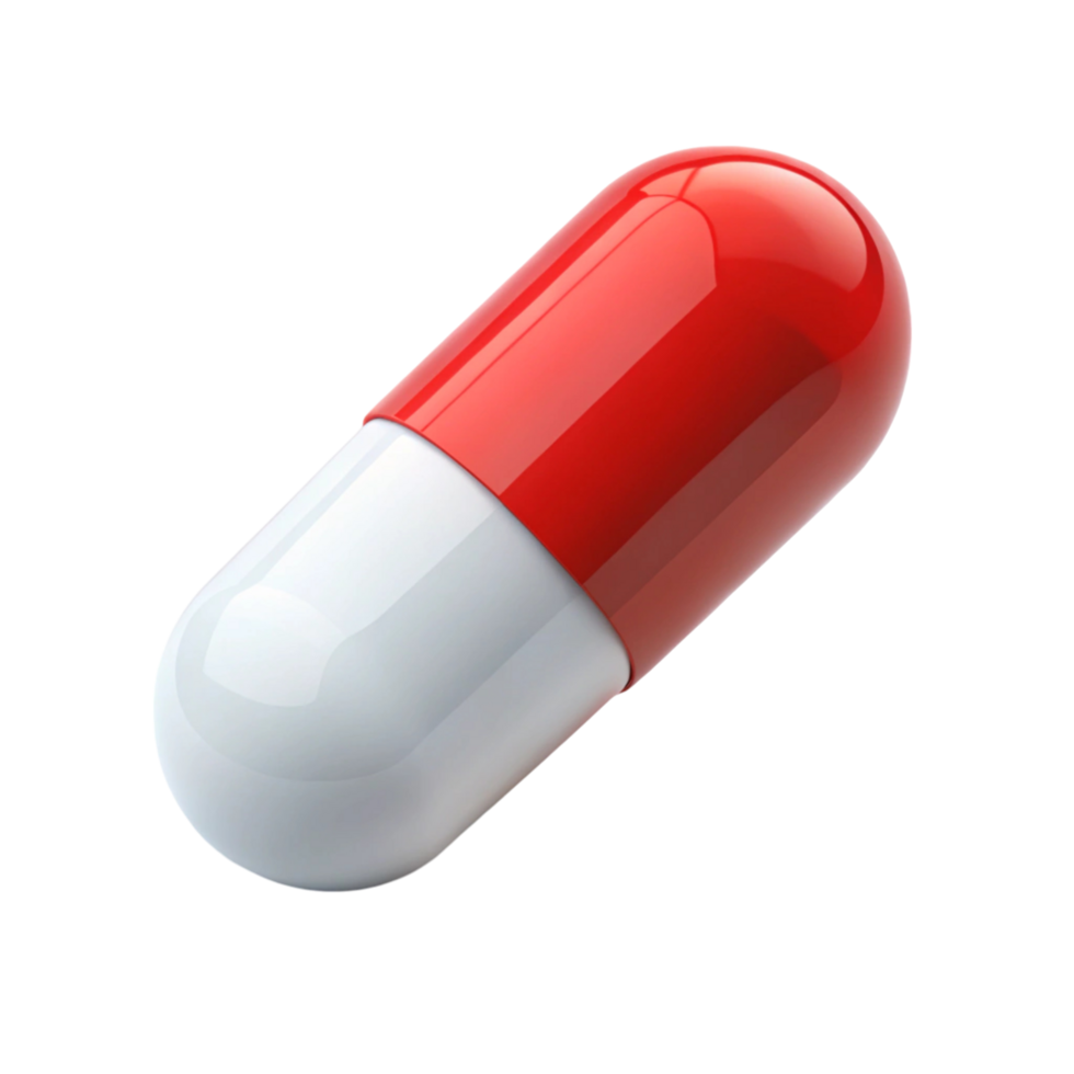 Red and white capsule pill isolated on a clean Transparent Background, representing medication and healthcare png