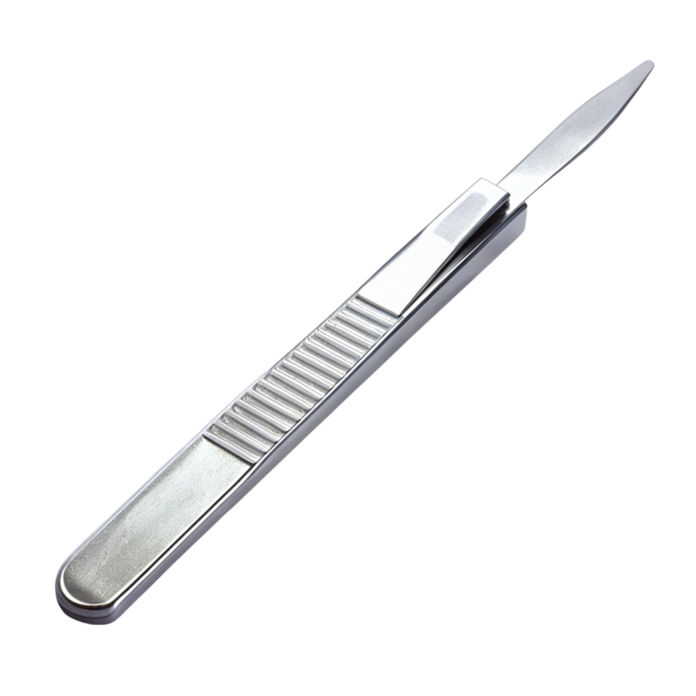 Professional scalpel with smooth metal finish, designed for accurate cutting in medical operations png