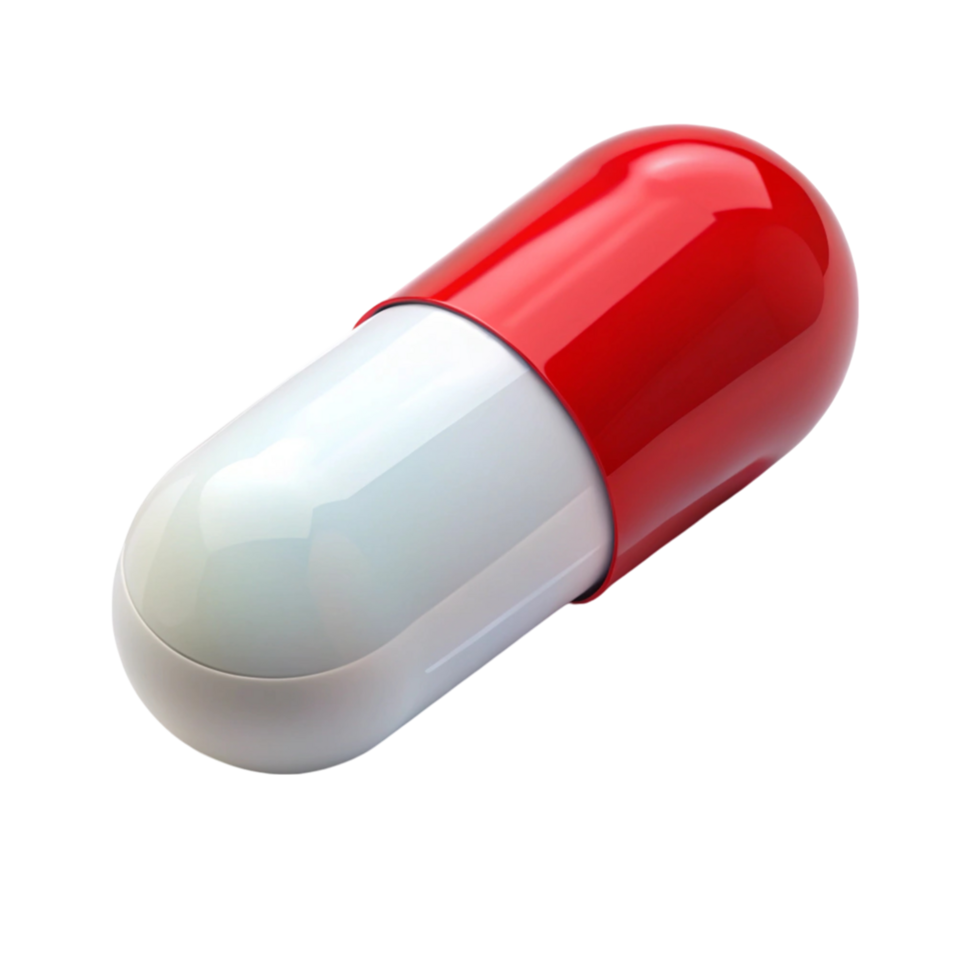 Close up of a glossy red and white pill, showcasing modern pharmaceutical design and dosage png