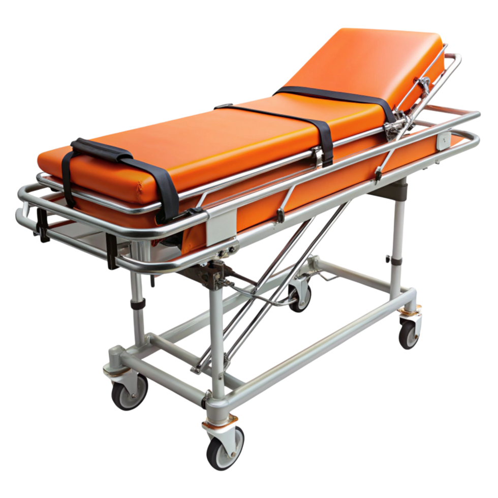 Adjustable medical stretcher with bright orange padding and sturdy metal frame on wheels png