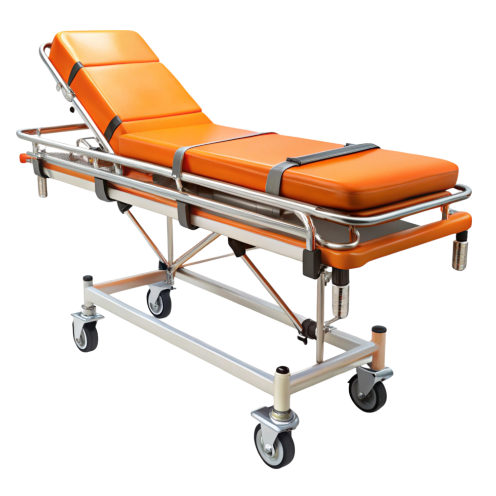Hospital stretcher bed with adjustable backrest, designed for patient transport and emergency care png