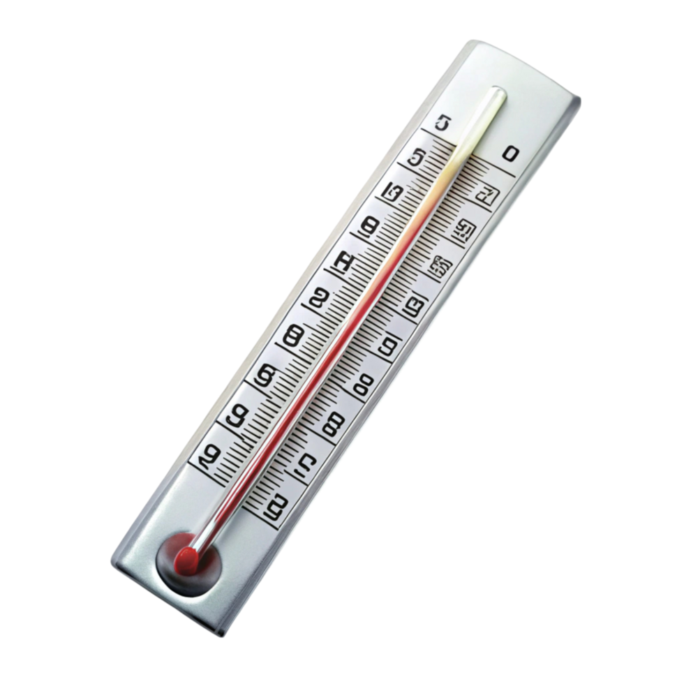 High quality image of a traditional thermometer with a metal frame and red liquid indicator png