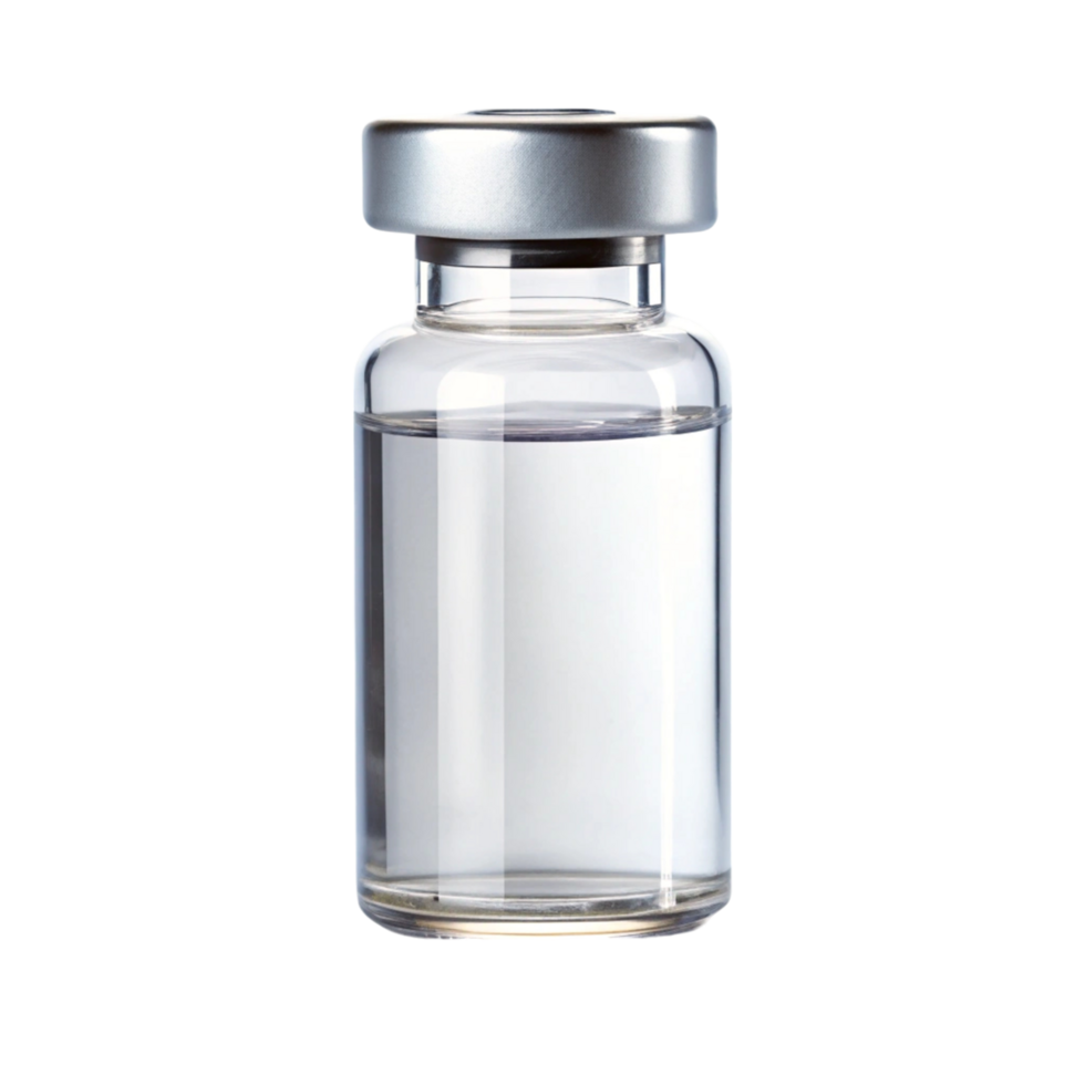 Sterile glass vial filled with clear liquid vaccine solution with a secure silver cap on a Transparent Background png