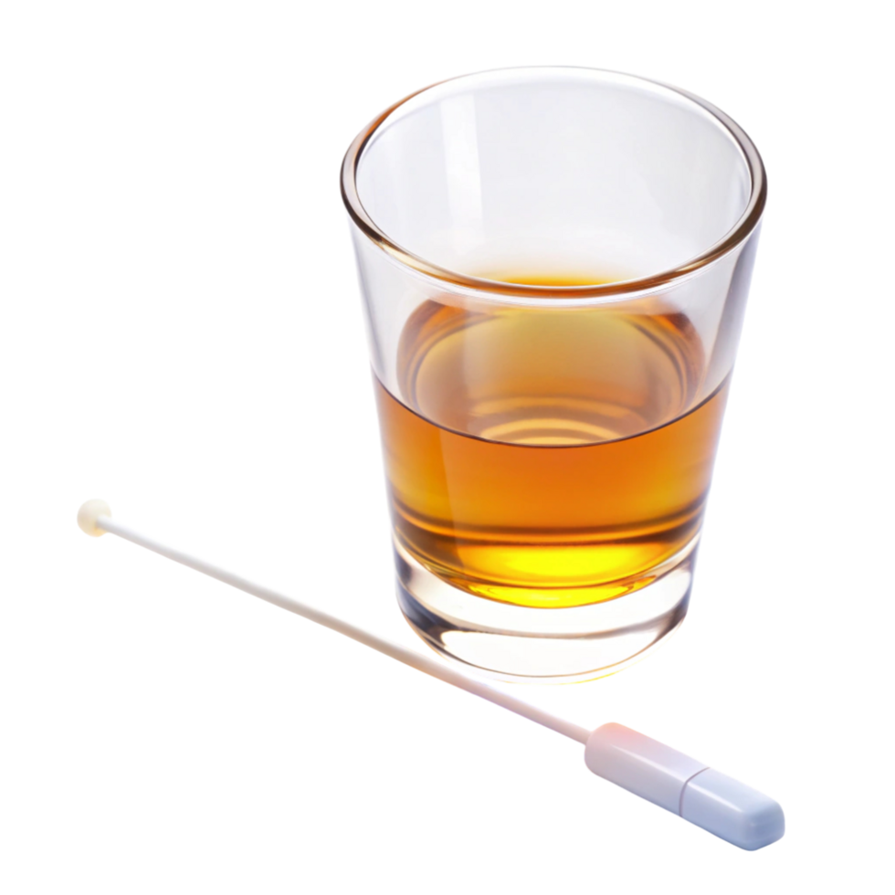 Close up of alcohol swab stick next to a glass with amber colored liquid for hygiene and antiseptic purposes png