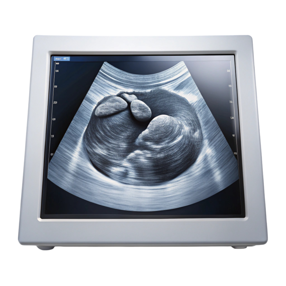 Close up of ultrasound screen showing clear black and white image used for medical examination png