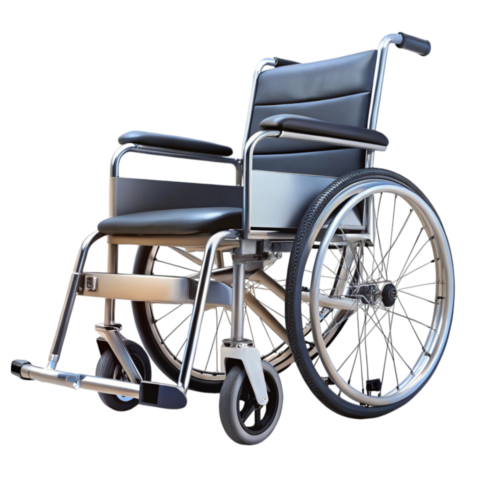 Front and side view of a sleek and durable wheelchair emphasizing structure and comfort features png