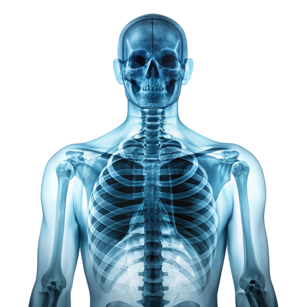 Medical X ray scan of a human upper body highlighting skeletal structure and bone anatomy png