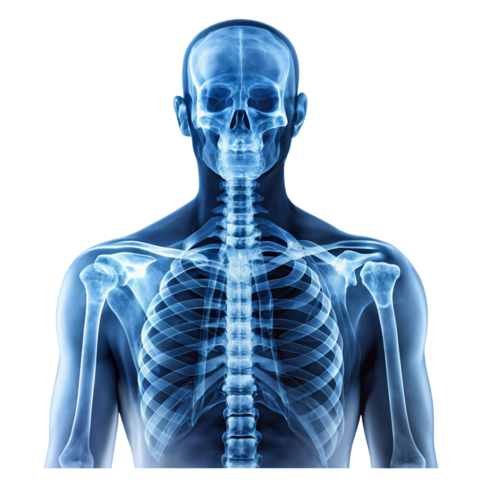 Front view of human skeleton on X ray scan with clear depiction of bones ribs and skull png
