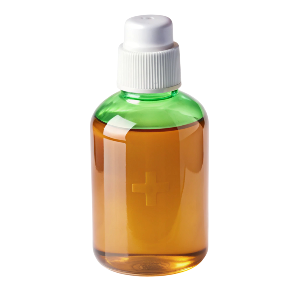 Close up of a clear bottle containing antiseptic liquid, showcasing essential hygiene product in white setting png