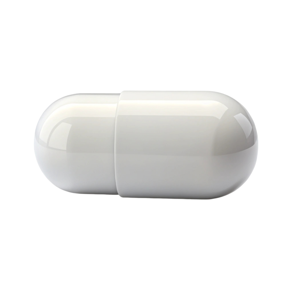 Single white capsule pill, isolated on Transparent Background, ideal for medication, supplements, or vitamins png