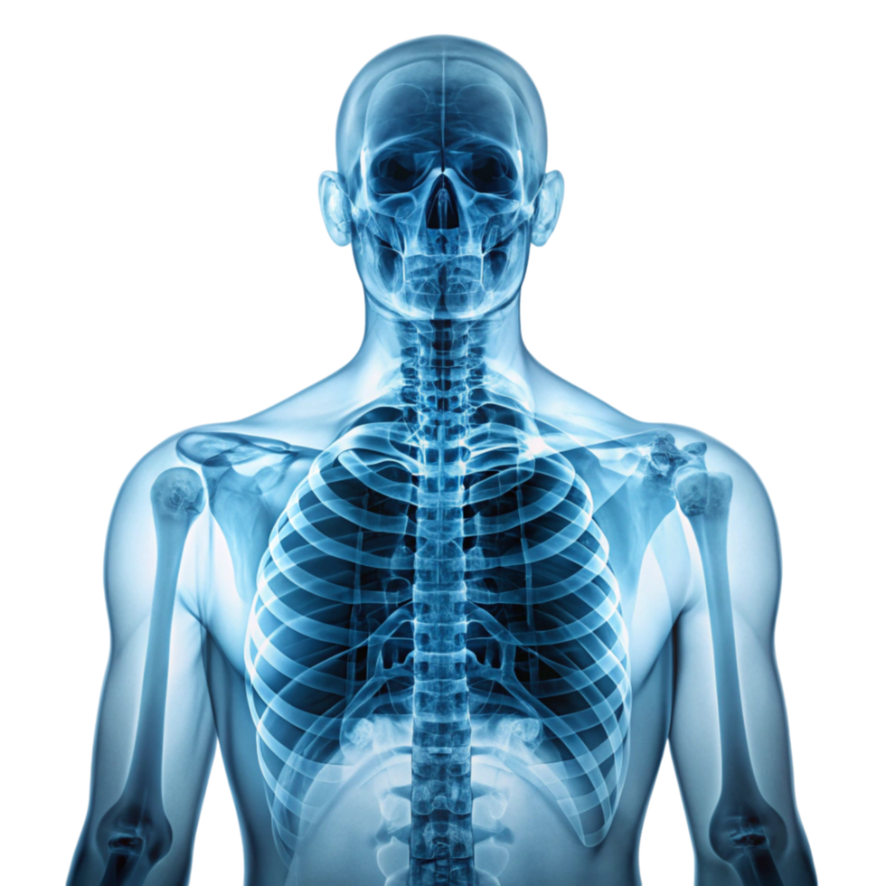 Detailed X ray image of human skeleton showing ribcage skull spine and upper limbs in blue tones png