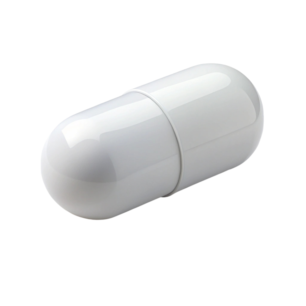 Smooth, shiny white capsule pill, isolated on white surface, suitable for medicine and dietary supplements png