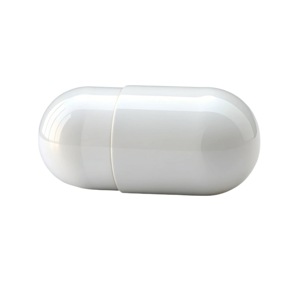 Pharmaceutical capsule in solid white, emphasizing medication or supplement product, isolated on white png