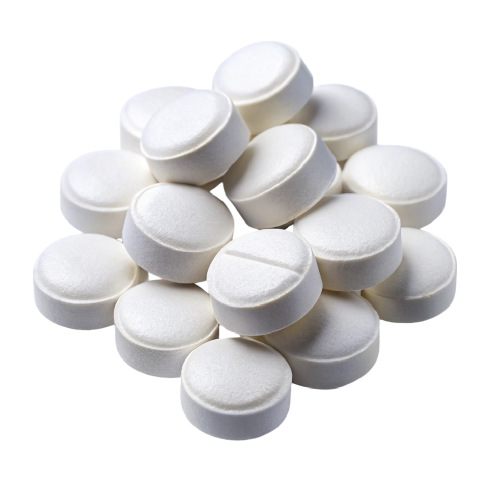 Close up view of multiple white antacid pills arranged on a plain Transparent Background for healthcare concepts png