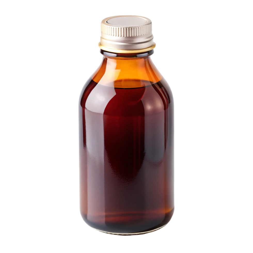 Sealed amber bottle of liquid medicine, perfect for cough relief and flu treatment, isolated on white png