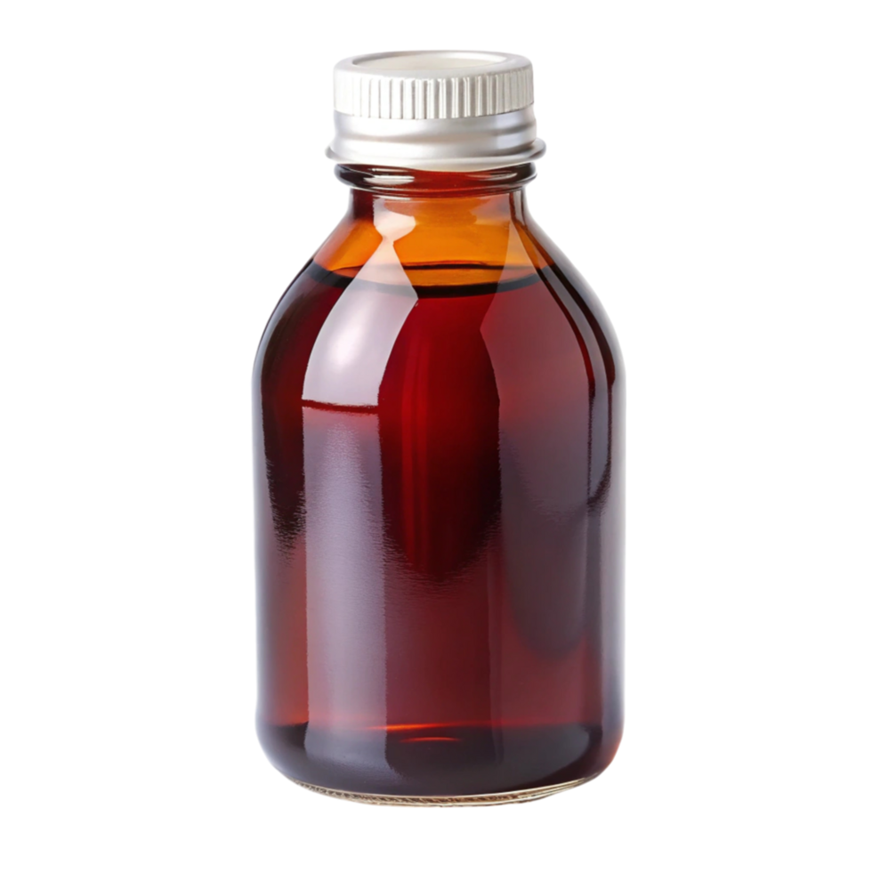 Medicine bottle filled with liquid syrup, showcasing pharmaceutical product, isolated on white surface png